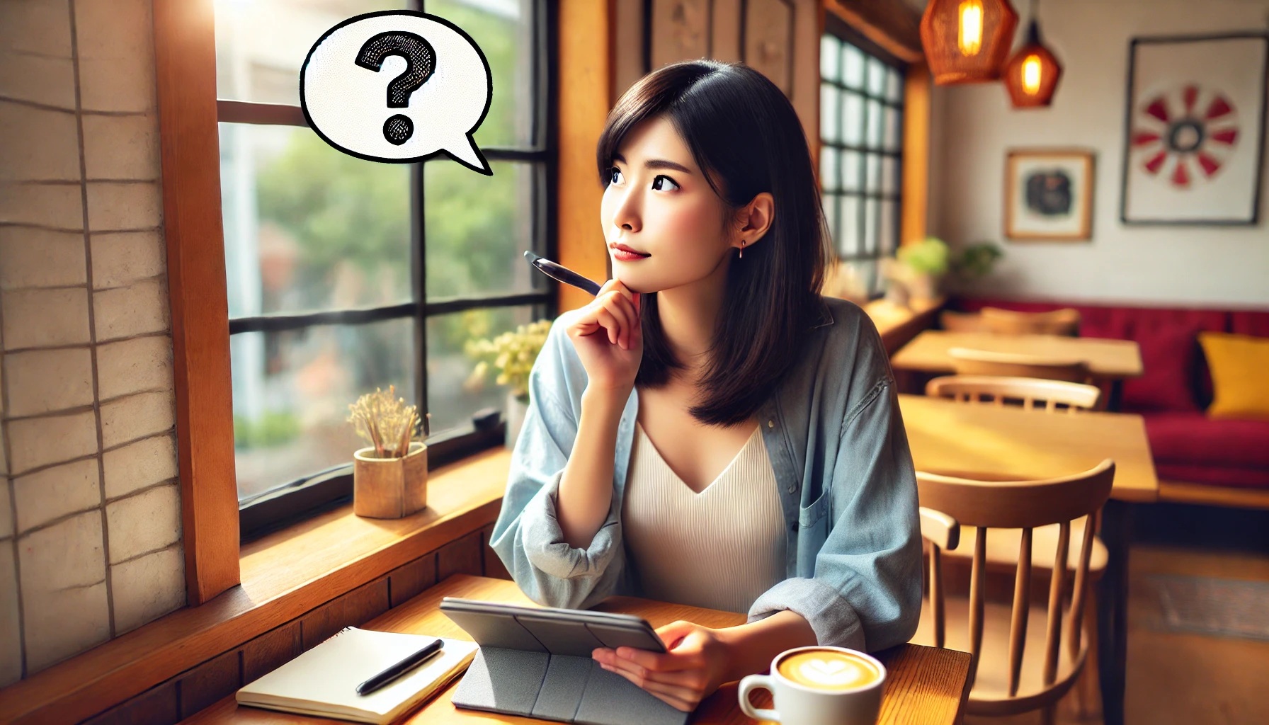 なぜ？理由は？と疑問について考えている女性、ハテナという表情