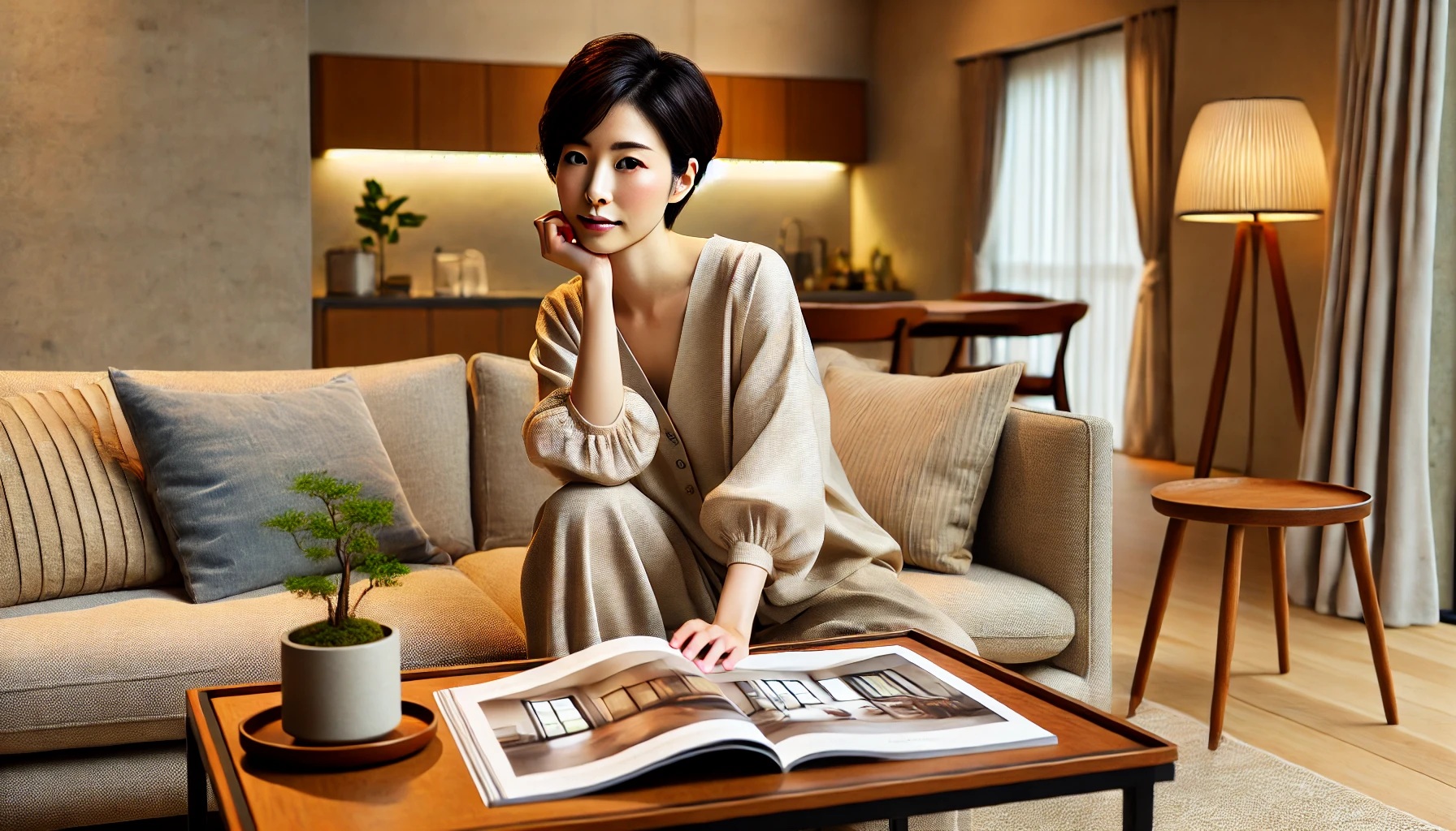インテリア雑誌を眺める女性