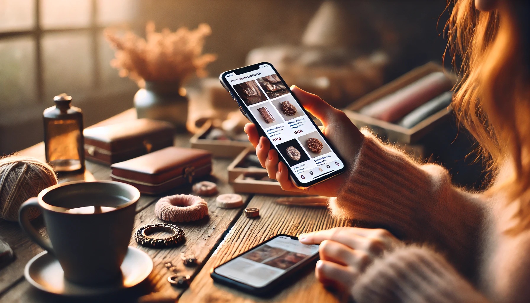 スマホでフリマサイトを見る女性