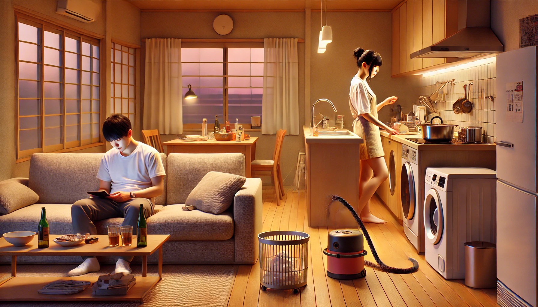 スマホを見ている男性と家事をする女性