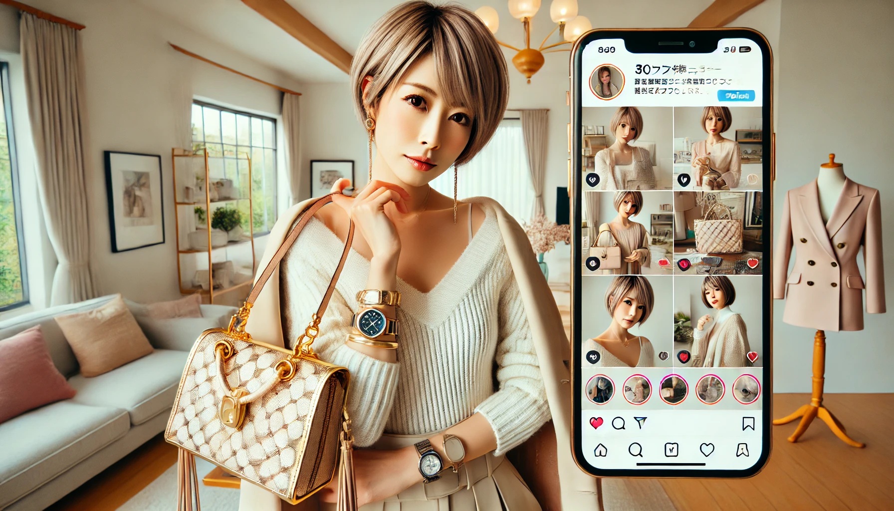 ブランドバッグを持ち、キラキラ下生活をSNSでアピールする女性