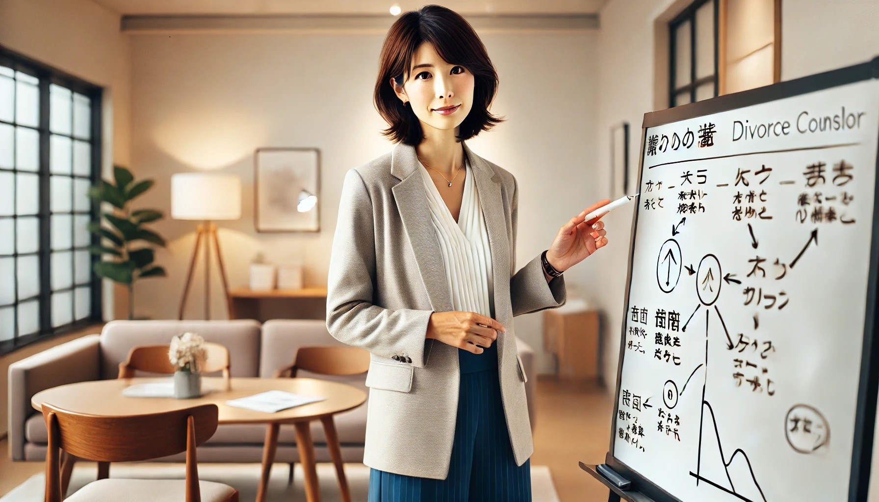 ホワイトボードで説明をするカウンセラーの女性