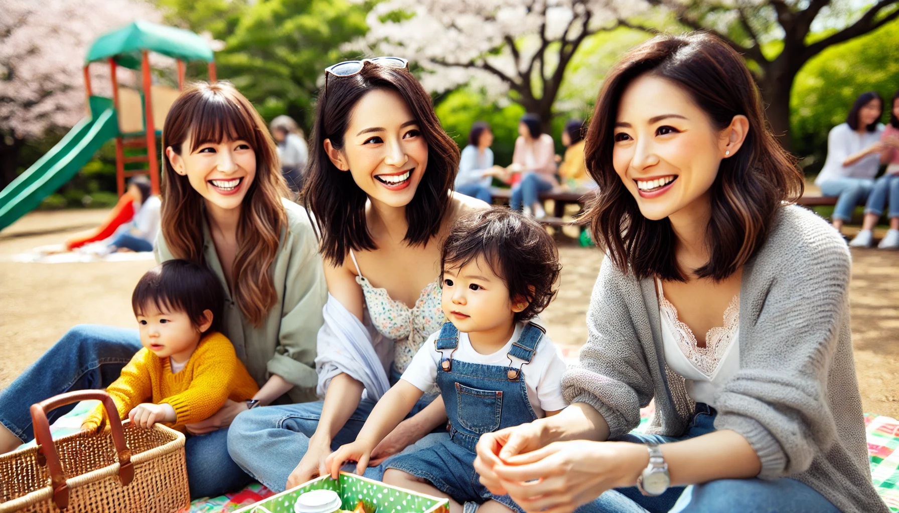 ママ友と子供たちが公園で楽しそうに遊ぶ様子