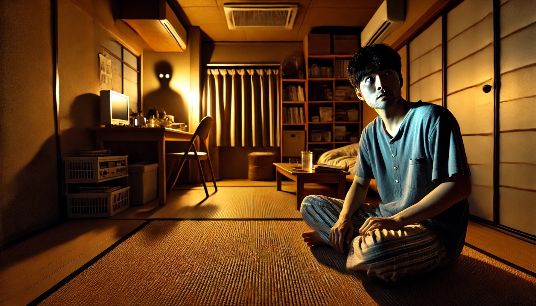 一人暮らしの男性が何かにおびえている様子