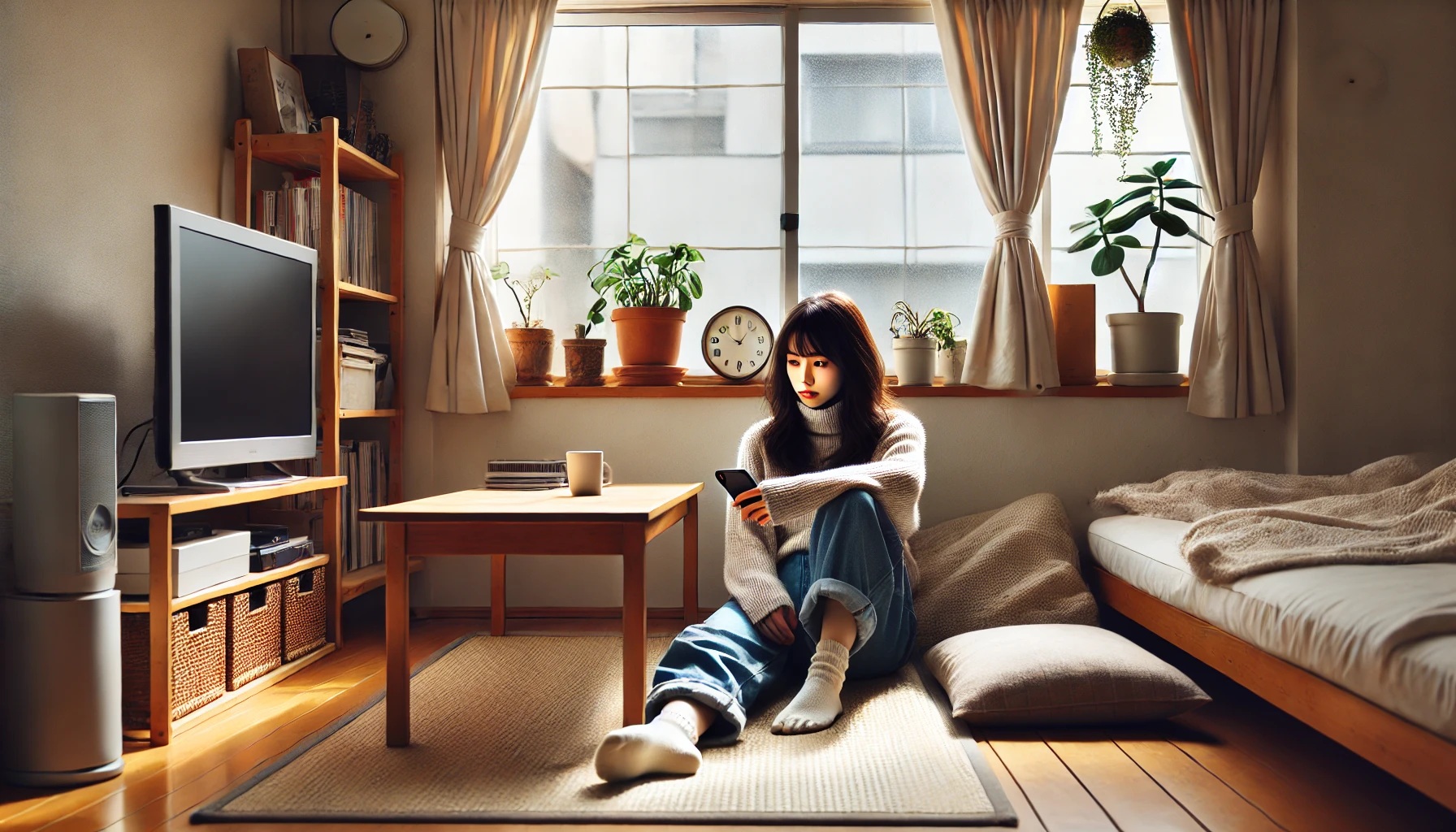 一人暮らしの部屋でつまらなそうにしている女性