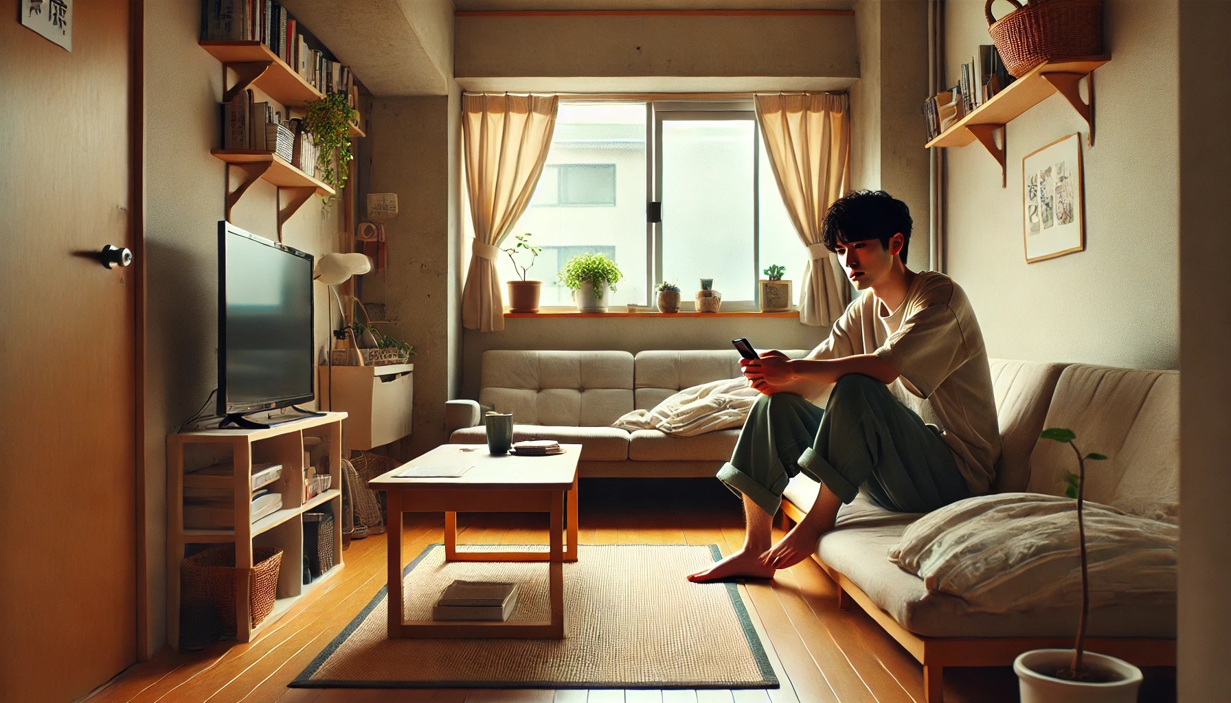 一人暮らしの部屋退屈そうにしている男性