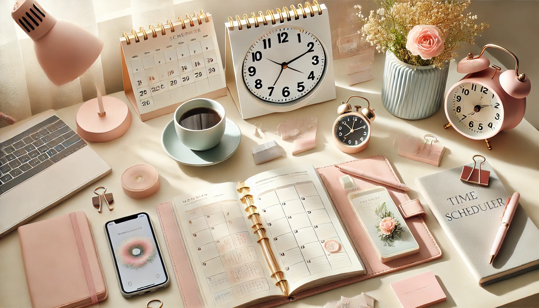 予定が書かれたスケジュール帳とカレンダー、時間管理の時計が置かれたデスク