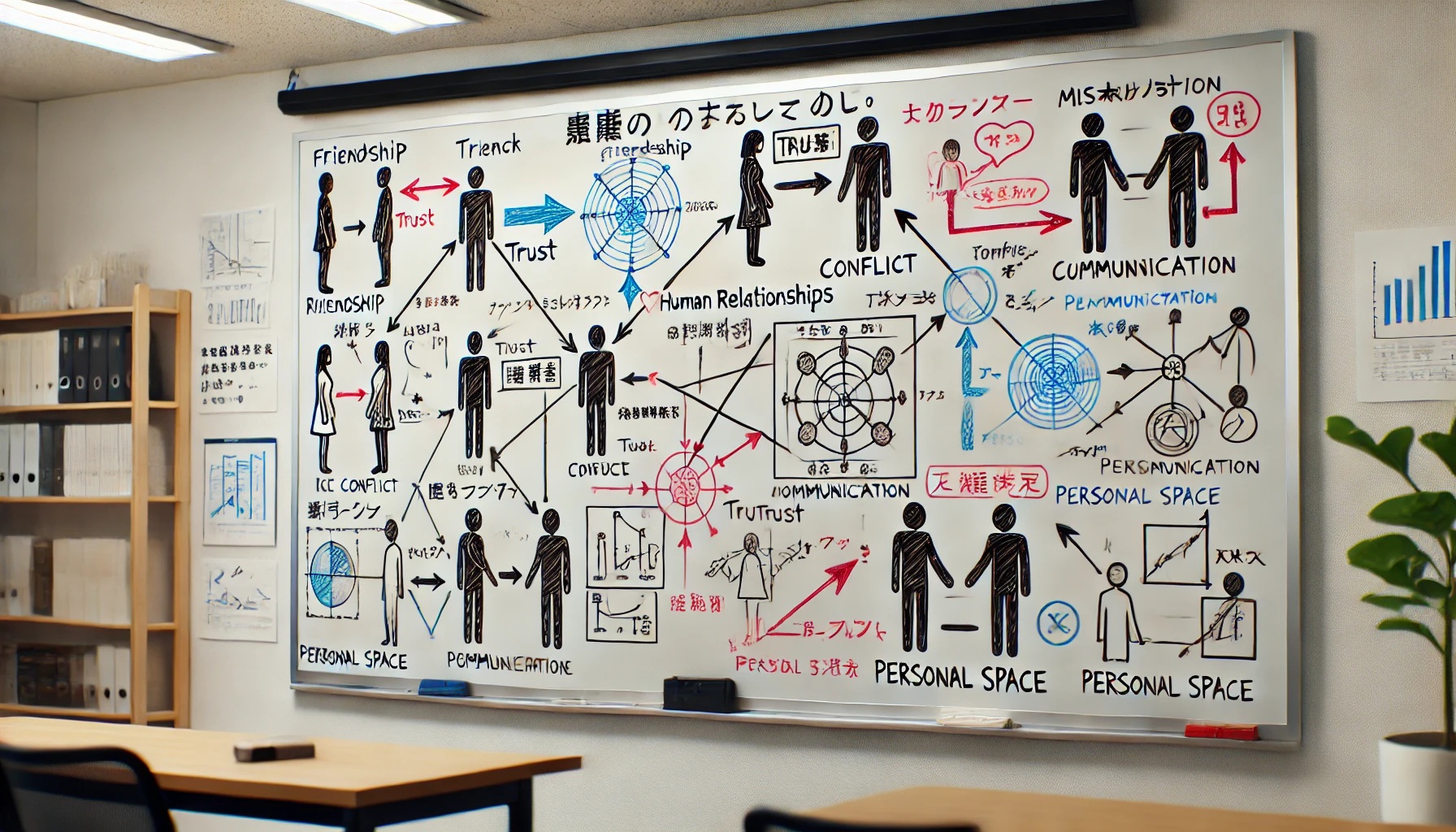 人間関係について書かれたホワイトボード