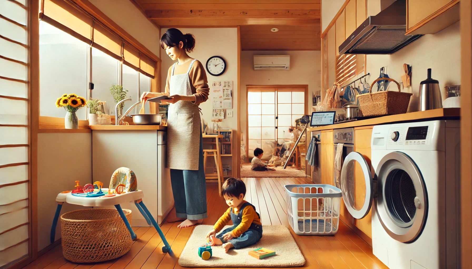 
家事と育児に忙しそうな主婦