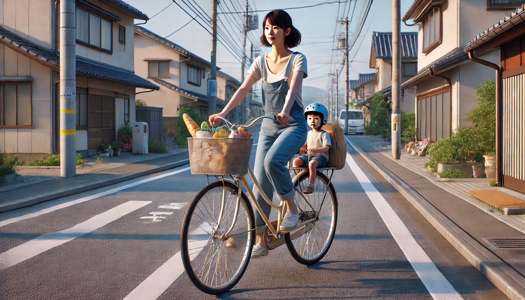 小さい子どもを自転車に乗せ食品の買い物に行く主婦