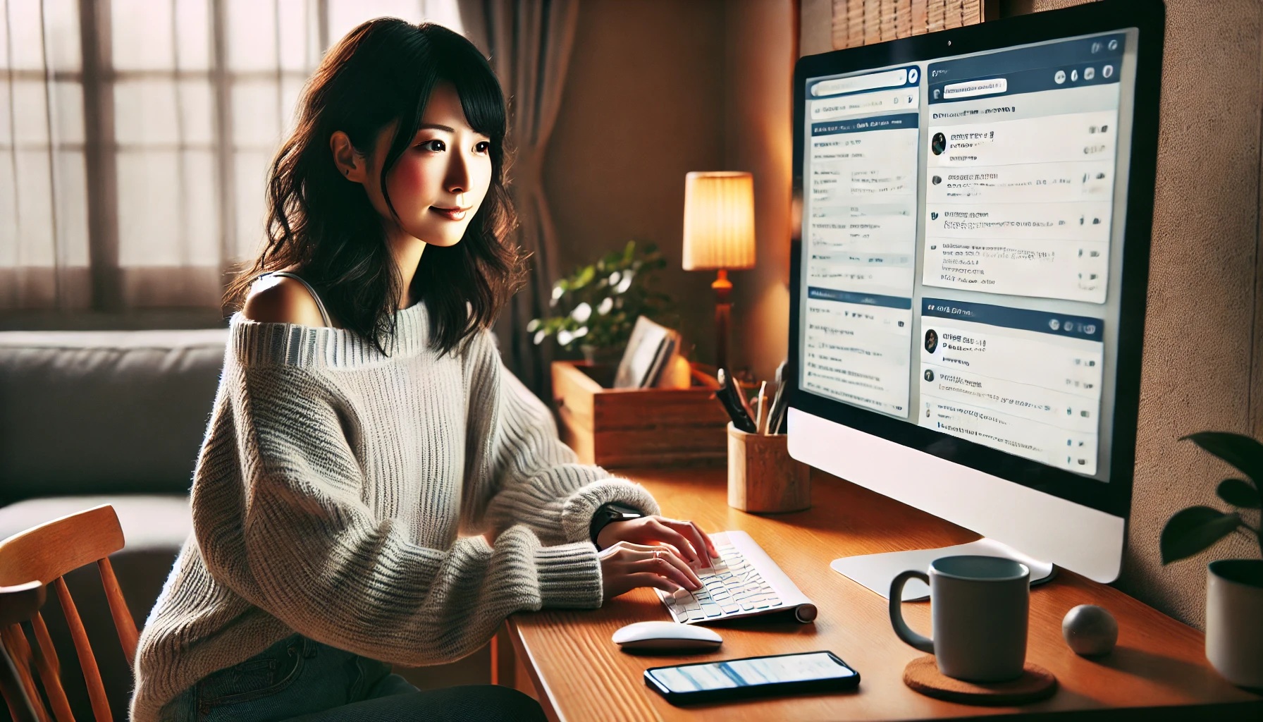 掲示板や口コミサイトで情報を見る女性