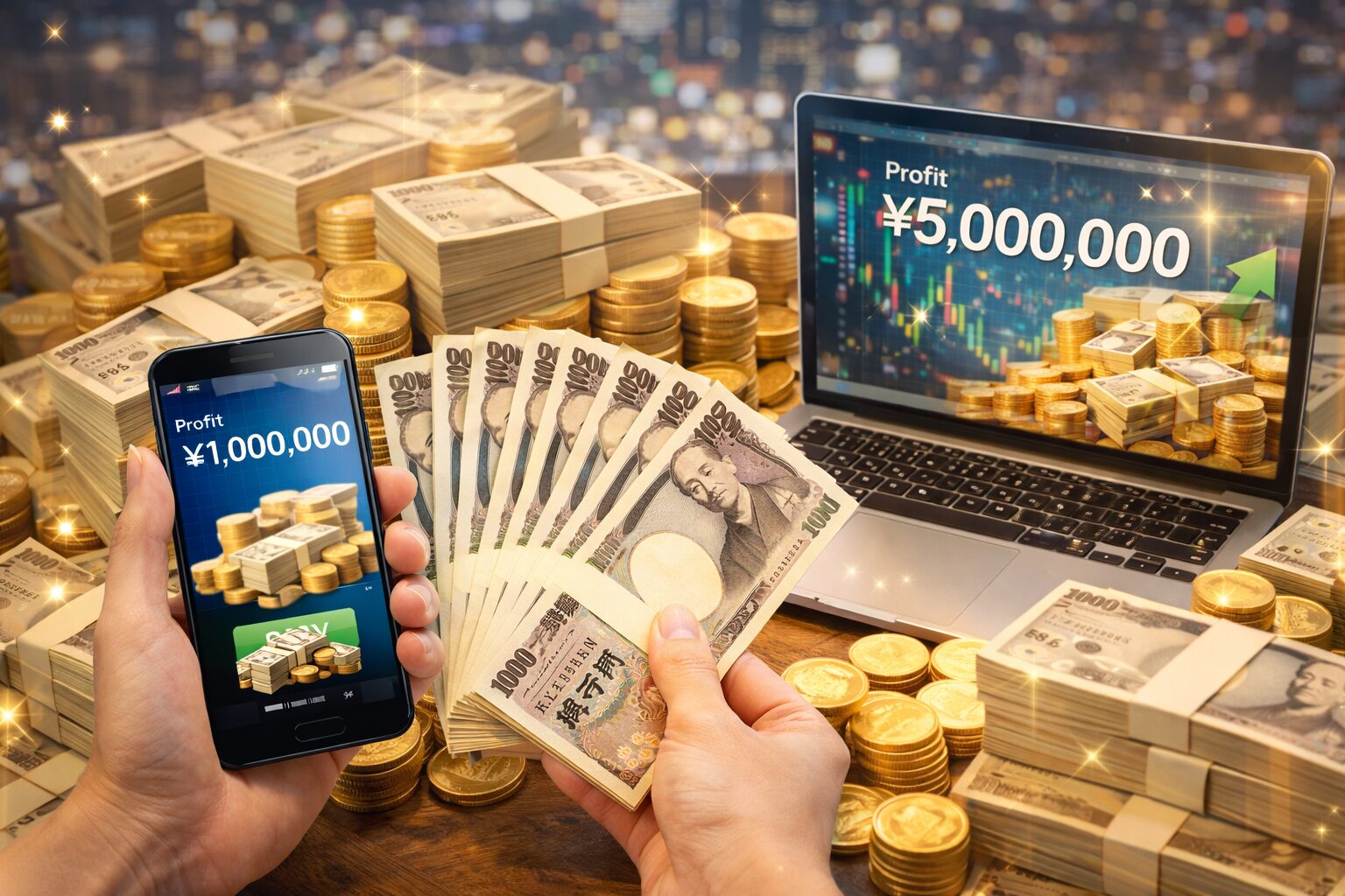 札束を持つ手、大金を稼いだ人