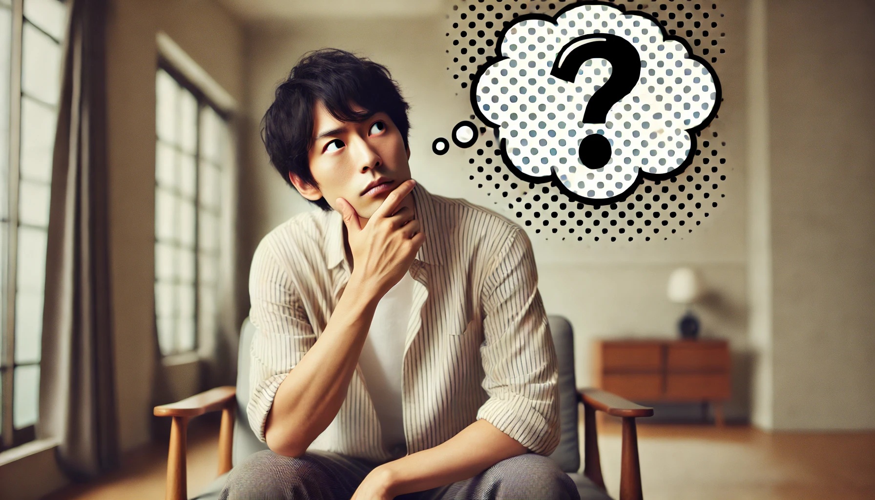 疑問や問題の原因を考えている男性