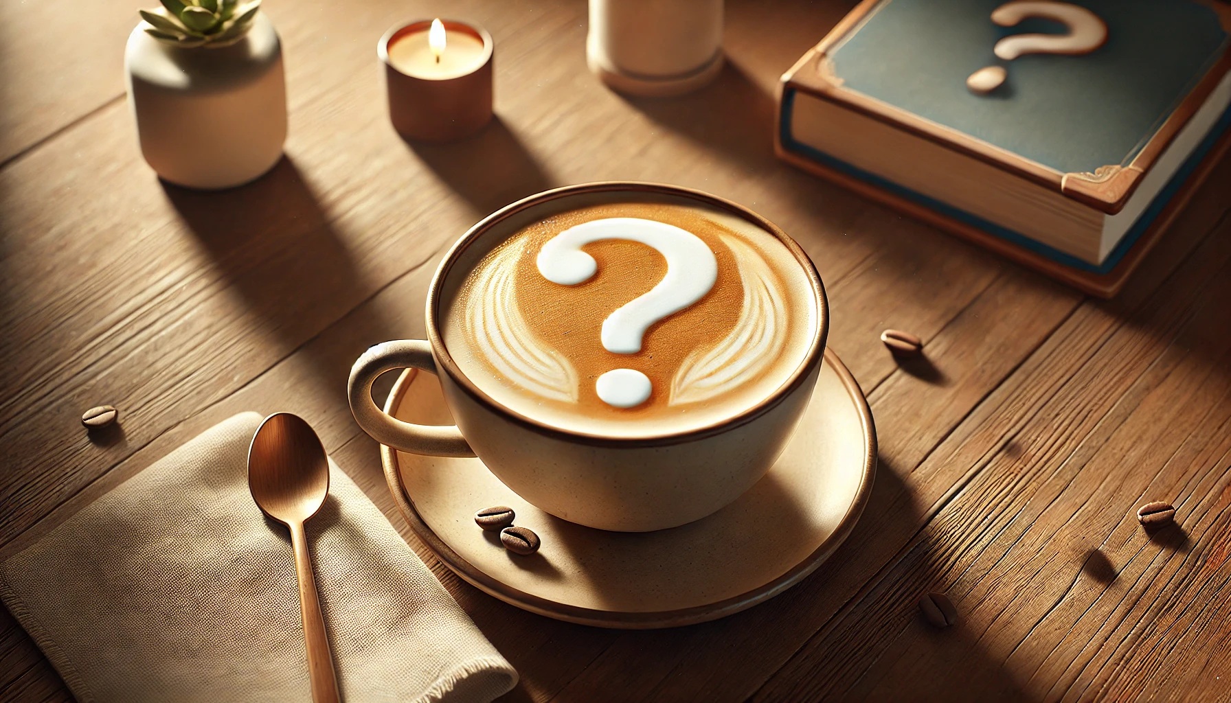 疑問マークの？が書かれたラテアート