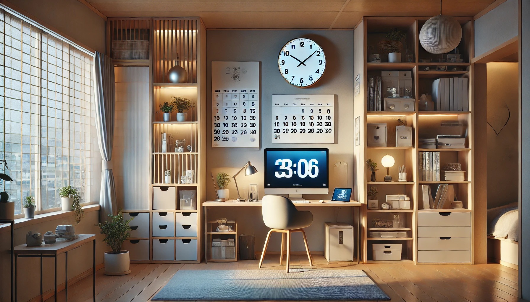 部屋の壁にかかった大きな掛け時計とカレンダー